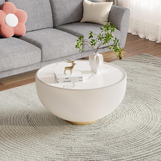 29.53" Round Coffee Table Luxury Cup Shape Leather Coffee Tables, Circle Sofa Couch Table PU Leather, Modern White Marble Top Drum Bowl Living Room Tables for Living Room Bedroom Apartment