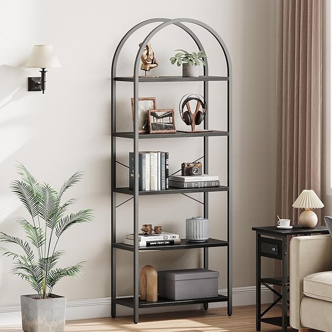 IDEALHOUSE Bookshelf 5 Tier Bookcase Arched Display Racks Tall Standing Bookshelves Metal Frame Open Storage Rack Shelf Large Black Book Shelf for Bedroom, Living Room, Home Office