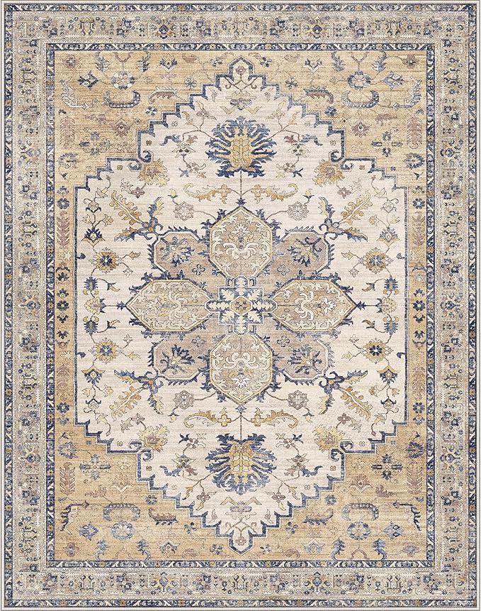 GENIMO 8X10 Area Rugs for Living Room, Machine Washable Vintage Floor Cover Foldable Modern Non Slip Rug， Low Pile Soft Indoor Carpet Floral Print Mat Rug,Bedroom/Dining Room/Home Office,Beige