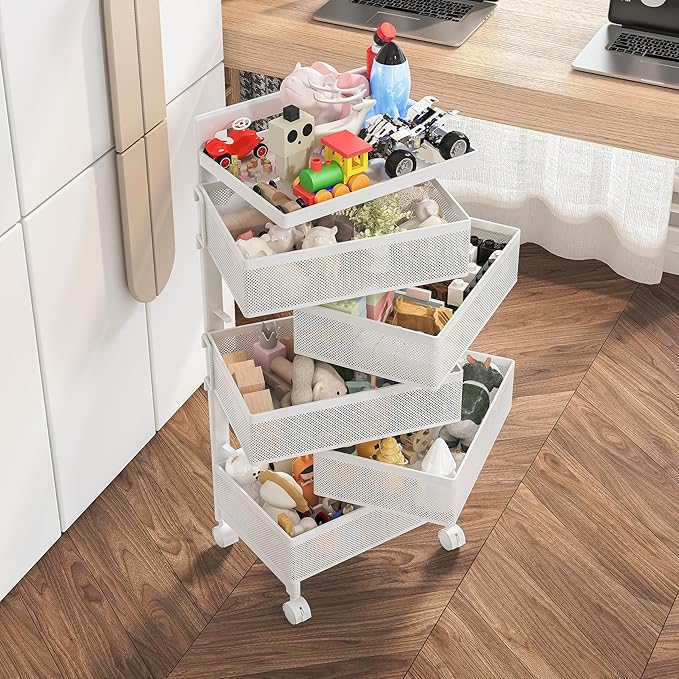 Fruit Basket for Kitchen No Assembly, Rolling Rotating Storage Cart,Bathroom Shelf,Mobile Metal Utility Storage Cart,Potato and Onion Storage Drawer Cart(Bright White, 5 Tier-Square)