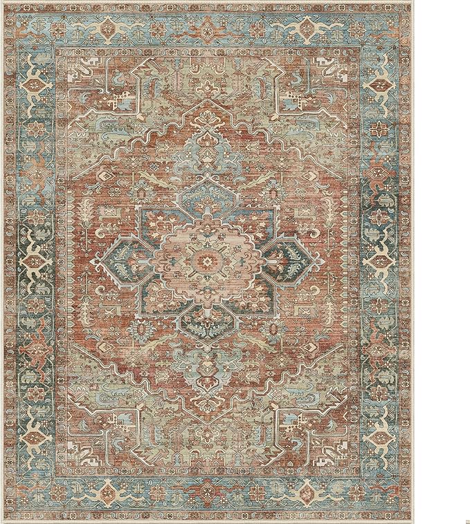 GENIMO Washable Area Rugs for Living Room Bedroom, 10x14 Boho Vintage Non Slip Rug, Low Pile Soft Floral Indoor Floor Carpet Cover for Dining Room Kitchen, Red/Multi