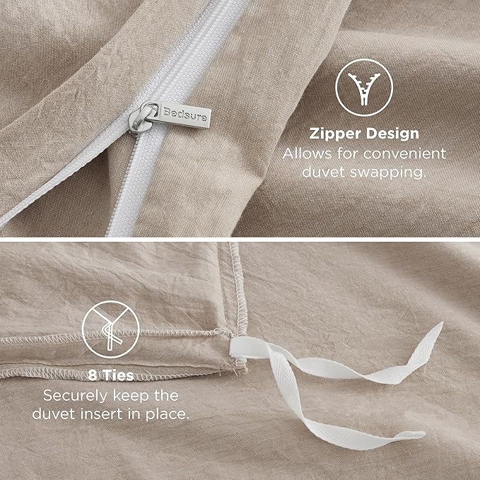 Bedsure 100% Washed Cotton Duvet Cover Twin - Khaki Minimalist Duvet Cover Linen Like for All Seasons - GentleSoft™ Plain Simple Cotton Bedding, 2 Pieces (Khaki, Twin, 68"x90")