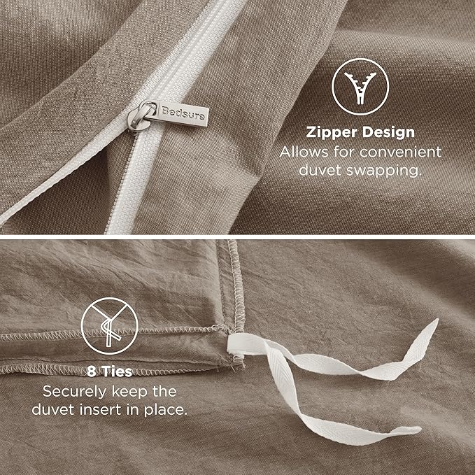 Bedsure 100% Washed Cotton Duvet Cover Oversized Queen - Muted Brown Minimalist Duvet Cover Linen Like - GentleSoft™ Plain Simple Bedding, 3 Pieces (Muted Brown, Oversized Queen, 98"x98")