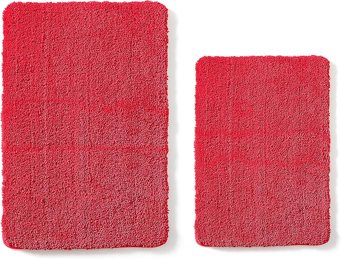 YHF Bathroom Rug Set 2 Piece, Extra Thick & Soft Microfiber Shaggy, Machine Washable Bath Mats, Absorbent Bath Rugs, Non-Slip Rubber Backing Bath Mat for Bathroom Floor, Tub and Shower, Red