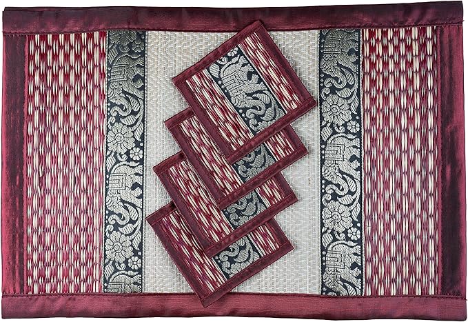 Hand-Woven Wicker Reed Placemats Coaster Set Eco-Friendly Alternative to Plastic Heat Resistant Thai Style Durable Easy to Clean for Dining Table Set of 4 (Large (Type2), Dark Red-Striped)