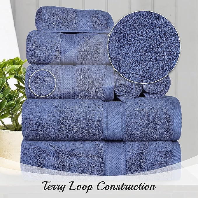 BNM Egyptian Cotton Heavyweight Towels, Ideal For Bathroom, Shower, Spa, Hotel, 800 GSM, Face/ Washcloths, Hand Towels, Bath Towels, Highly-Absorbent, Luxury Home Basics, 9 Piece Towel Set, Navy Blue