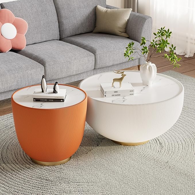 Round Coffee Table Set of 2, 2 Piece Luxury Cup Shape Leather End Tables Living Room Sets, Modern Circle Bedroom Side Tables Set of 2 with PU Leather Sofa Sets for Living Room Bedroom