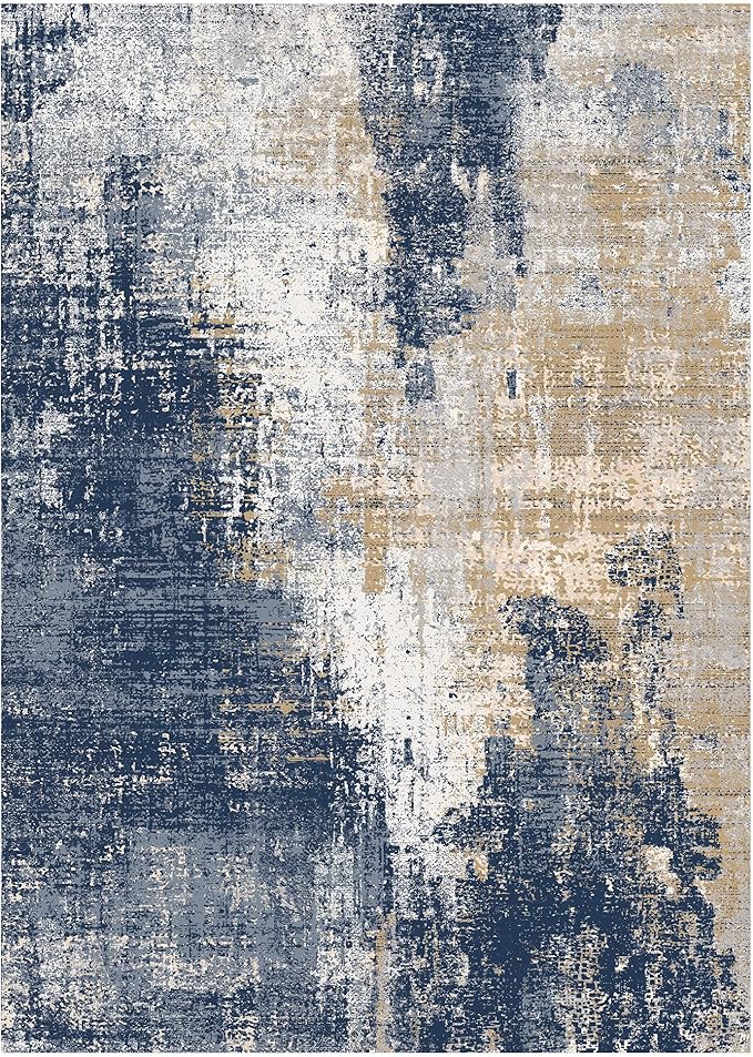 GENIMO Washable Area Rugs for Living Room Bedroom, 8x10 Modern Abstract Non Slip Rug, Low Pile Soft Contemporary Indoor Floor Carpet Cover for Dining Room Kitchen, Navy Blue