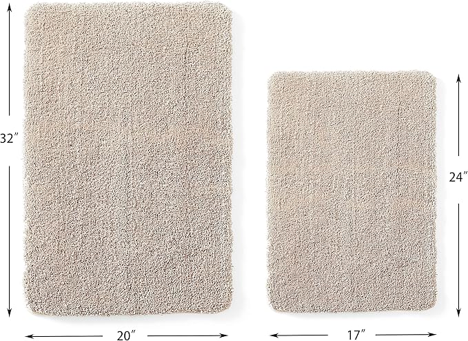 YHF Bathroom Rug Set 2 Piece, Extra Thick & Soft Microfiber Shaggy, Machine Washable Bath Mats, Absorbent Bath Rugs, Non-Slip Rubber Backing Bath Mat for Bathroom Floor, Tub and Shower, Beige