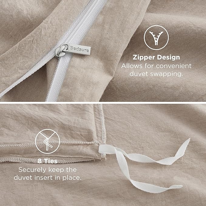 Bedsure 100% Washed Cotton Duvet Cover King Size - Khaki Minimalist Cotton Duvet Cover Linen Like for All Seasons - GentleSoft™ Plain Simple Bedding, 3 Pieces (Khaki, King, 104"x90")