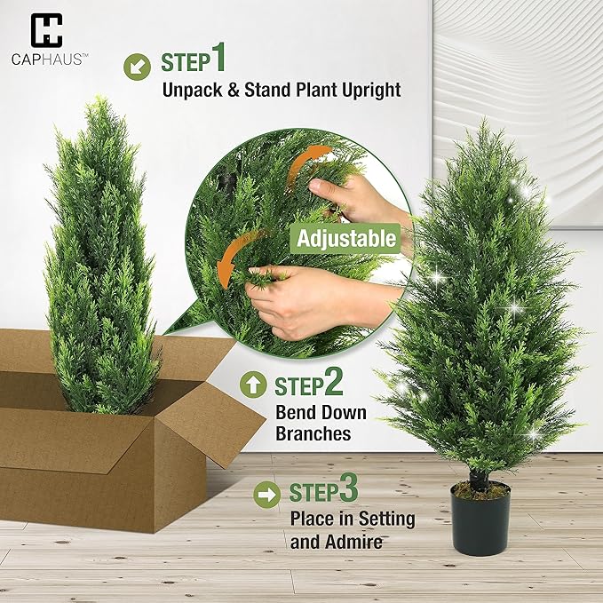 CAPHAUS 3 FT Artificial Cedar Tree Set of 2-36 Inch UV Resistant Faux Topiary Trees with Dried Moss for Indoor/Outdoor | Porch, Patio & Garden Decor