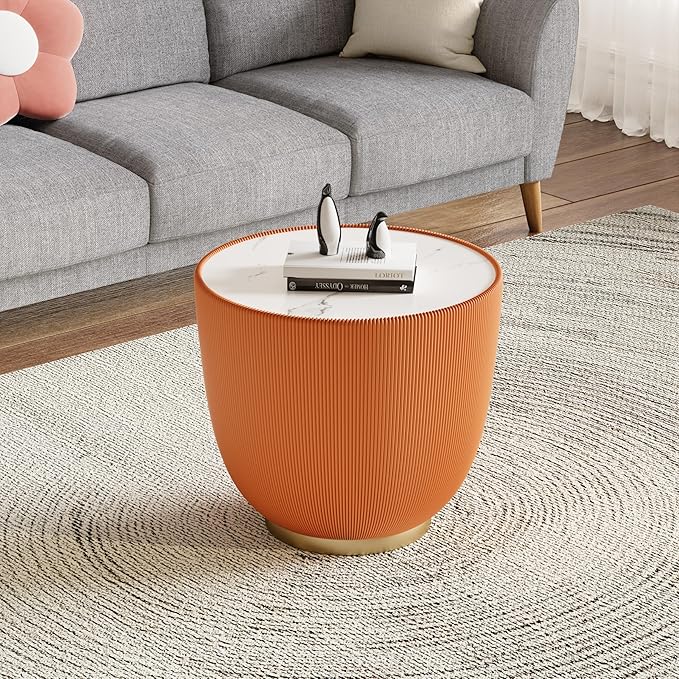 19.7" Round End Table Luxury Cup Shape Leather Sofa Beside Tables, Circle Sofa Couch Table PU Leather, Modern White Marble Top Drum Bowl Living Room Tables for Living Room Bedroom Apartment