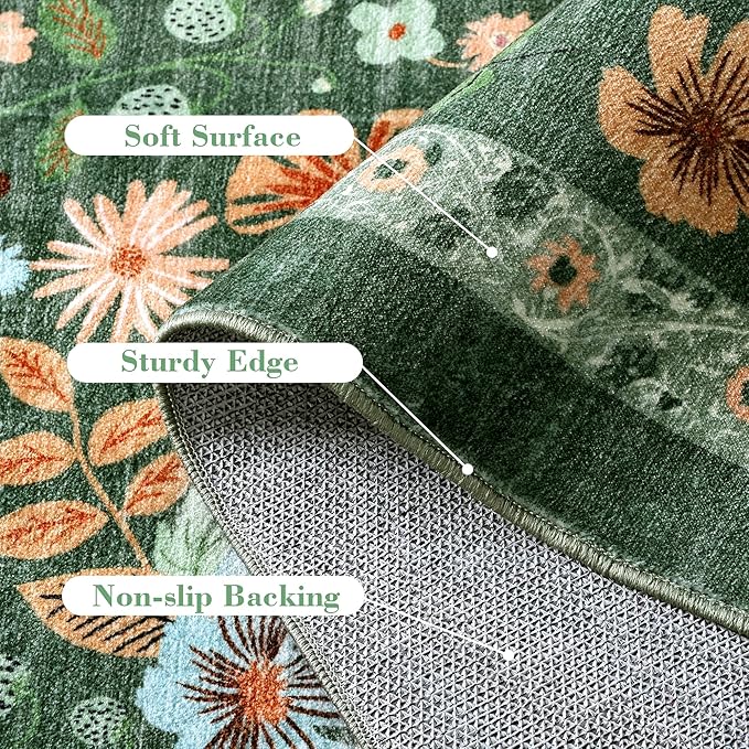 Deerly Green Boho Floral Rug 6x9 Vintage Boho Washable Non-Slip Living Room Carpet Soft Low Pile Thin Bedroom Floor Mat Indoor for Dining Room Playroom Nursery Farmhouse, Green/Multi