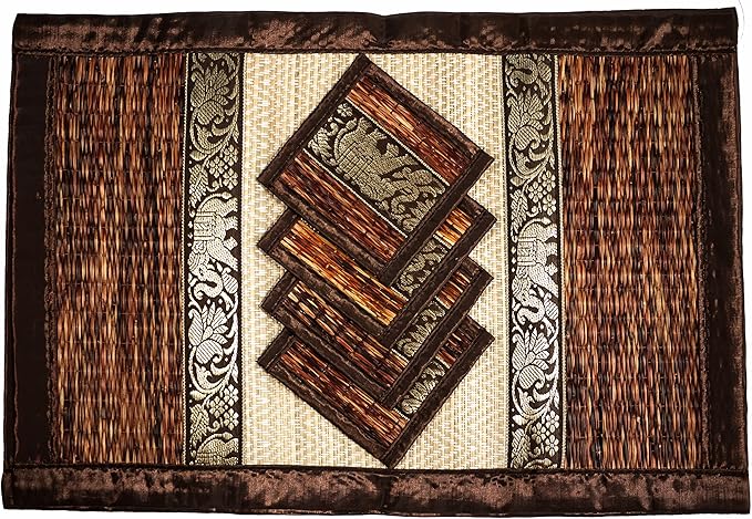 Hand-Woven Wicker Reed Placemats Coaster Set Eco-Friendly Alternative to Plastic Heat Resistant Thai Style Durable Easy to Clean for Dining Table Set of 4 (Large (Type2), Brown-Full Side)
