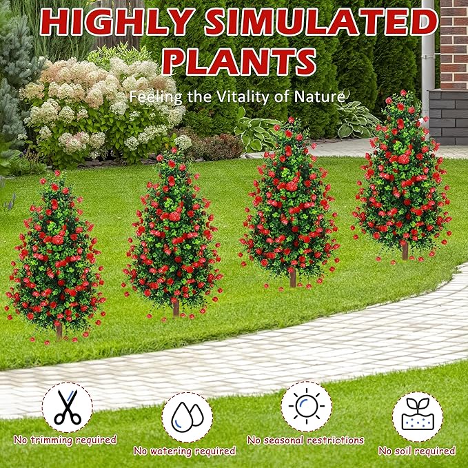 Sunnyglade 2 Packs 27.5" Artificial Rose Tree, Fake Rose Shrub Bushes Trees with Spike Faux Topiary Plants Tree for Indoor, Garden, Yard, Porch, Patio Decor