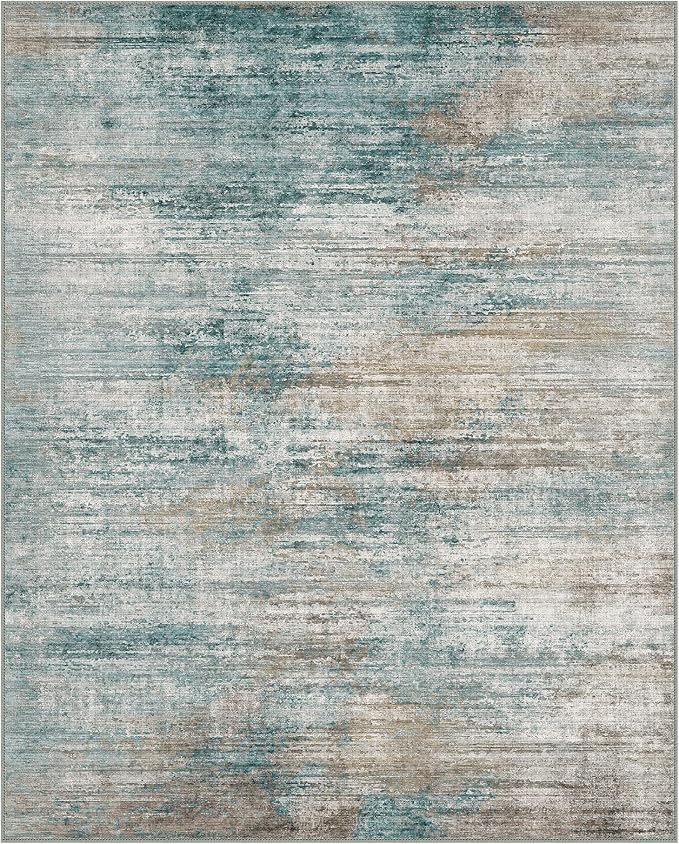 GENIMO Washable Area Rugs for Living Room Bedroom, 3X5 Modern Abstract Non Slip Rug, Low Pile Soft Contemporary Indoor Floor Carpet Cover for Dinning Room Kitchen, Teal/Grey