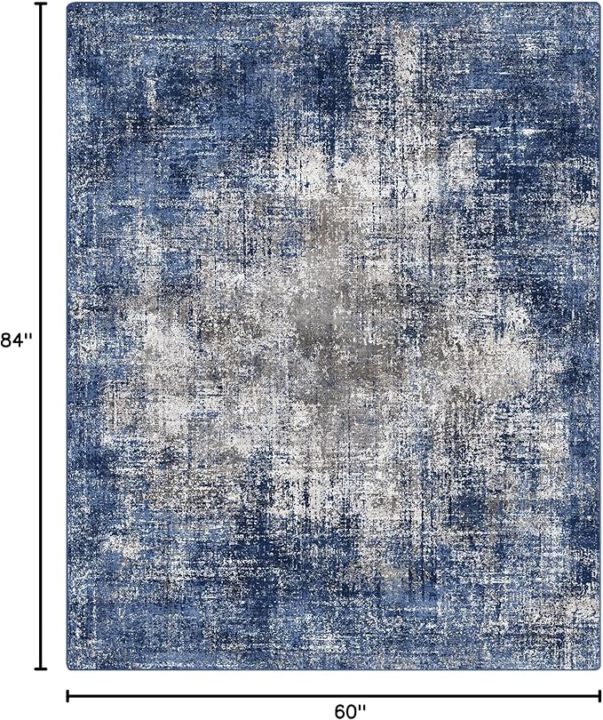 GENIMO Washable Area Rugs for Living Room Bedroom, 5x7 Modern Abstract Non Slip Rug, Low Pile Soft Contemporary Indoor Floor Carpet Cover for Dining Room Kitchen, Blue&Gray