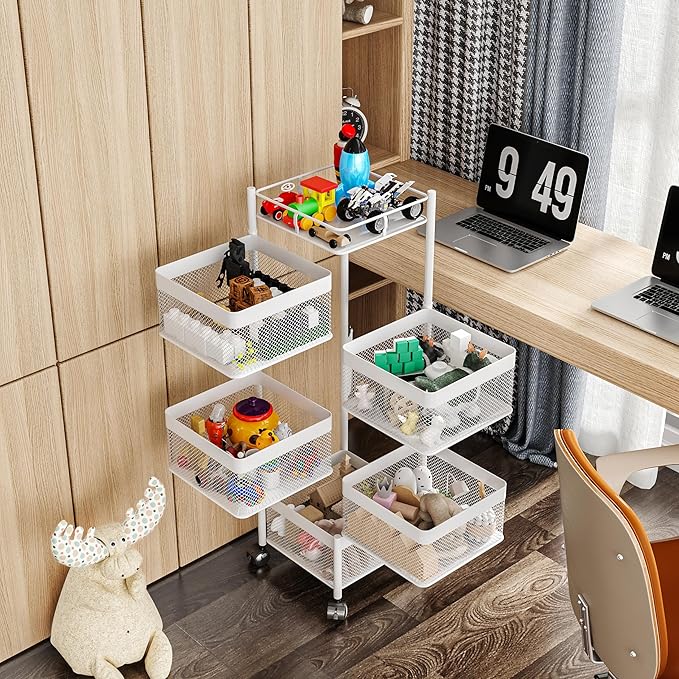 Fruit Basket for Kitchen No Assembly,Rotating Kitchen Storage Rack,Bathroom Shelf, Organizers and Storage Cart on Rolling Wheels，Potato and Onion Storage Organizer(White, 5 Tier-Square)