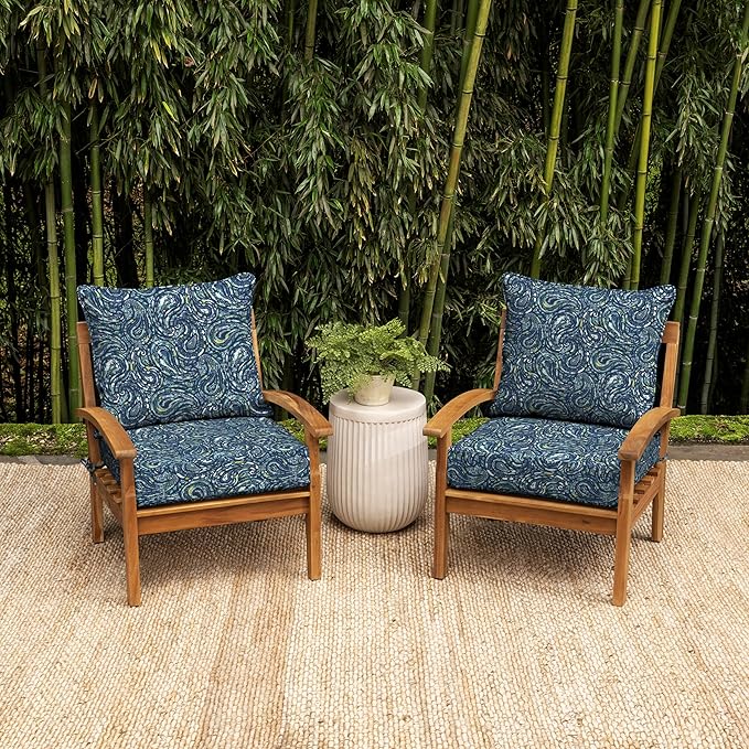 Arden earthFIBER Outdoor Deep Seat Cushion Set, 24 x 24, Rain-Proof, Fade Resistant, Deep Seat Bottom and Back Cushion for Chair, Sofa Sapphire Blue Ridge Paisley