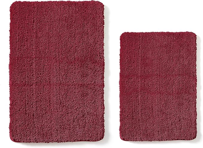YHF Bathroom Rug Set 2 Piece, Extra Thick & Soft Microfiber Shaggy, Machine Washable Bath Mats, Absorbent Bath Rugs, Non-Slip Rubber Backing Bath Mat for Bathroom Floor, Tub and Shower, Burgundy