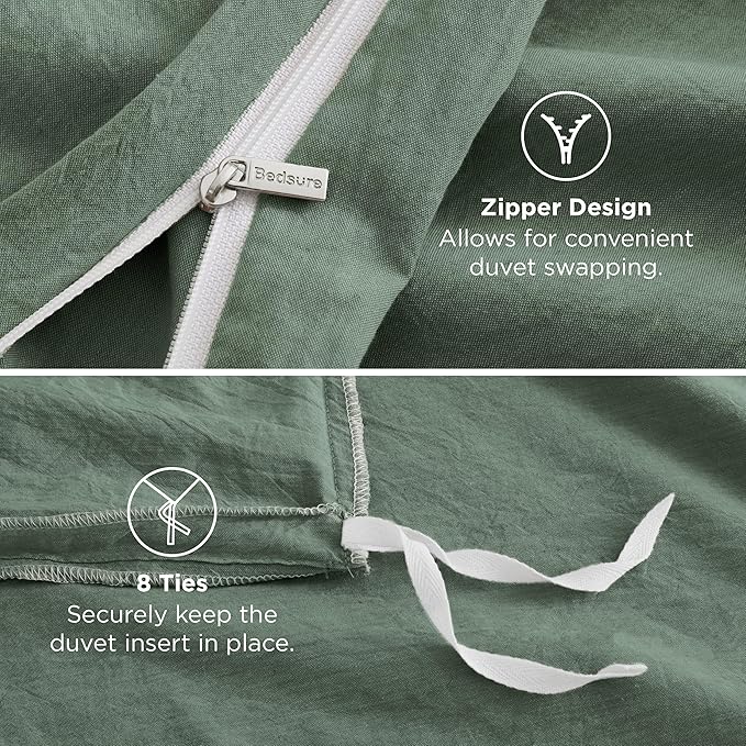Bedsure 100% Washed Cotton Duvet Cover Queen Size - Green Minimalist Cotton Duvet Cover Linen Like for All Seasons - GentleSoft™ Plain Simple Bedding, 3 Pieces (Green, Queen, 90"x90")