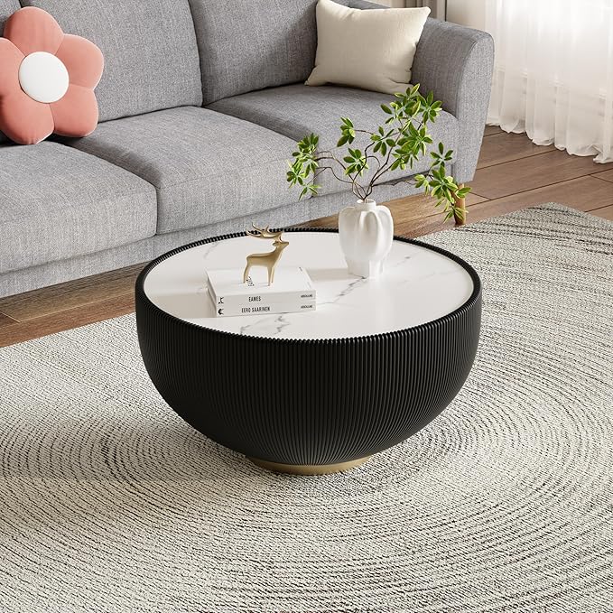 29.53" Round Coffee Table Luxury Cup Shape Leather Coffee Tables, Circle Sofa Couch Table PU Leather, Modern White Marble Top Drum Bowl Living Room Tables for Living Room Bedroom Apartment