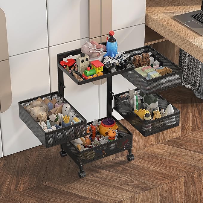 Bathroom Rotating Storage Cart No Assembly Required 4-Tier Metal Sturdy Fruit Basket for Kitchen, Rolling Vegetable Storage Rack,Bathroom Shelf,Storage Drawer Cart (Black, 4 Tier-Square)