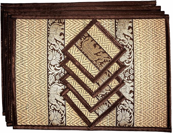 Hand-Woven Wicker Reed Placemats Coaster Set Eco-Friendly Alternative to Plastic Heat Resistant Thai Style Durable Easy to Clean for Dining Table Set of 4 (Medium, Brown)