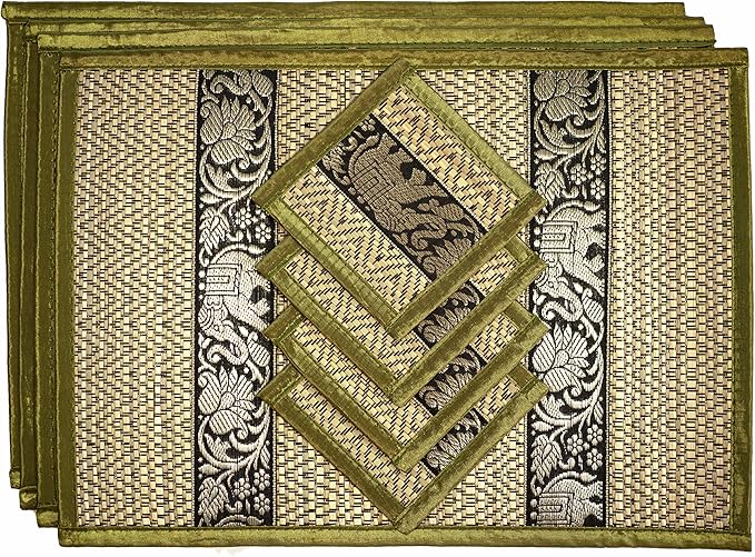 Hand-Woven Wicker Reed Placemats Coaster Set Eco-Friendly Alternative to Plastic Heat Resistant Thai Style Durable Easy to Clean for Dining Table Set of 4 (Medium, Olive Green)