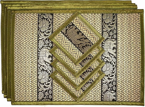 Hand-Woven Wicker Reed Placemats Coaster Set Eco-Friendly Alternative to Plastic Heat Resistant Thai Style Durable Easy to Clean for Dining Table Set of 4 (Medium, Olive Green)