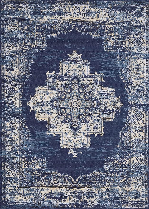 vivorug 9x12 Area Rugs for Living Room, Non Slip Machine Washable Vintage Navy Blue Rug, Ultra-Thin Lightweight Large Area Rug for Bedroom, Dining Room, Low Pile Rug