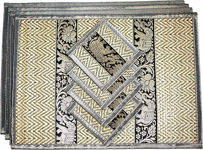 Hand-Woven Wicker Reed Placemats Coaster Set Alternative to Plastic Heat Resistant Thai Style Durable Easy to Clean for Dining Table Set of 4 (Medium, Grey)