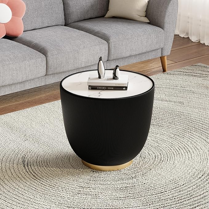 19.7" Round End Table Luxury Cup Shape Leather Sofa Beside Tables, Circle Sofa Couch Table PU Leather, Modern White Marble Top Drum Bowl Living Room Tables for Living Room Bedroom Apartment