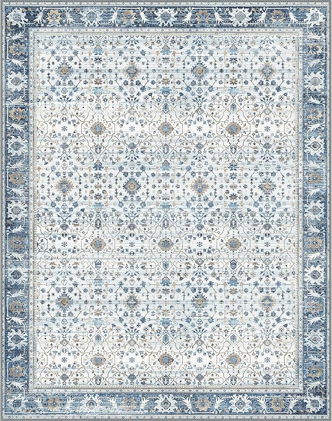 GENIMO Washable Area Rugs for Living Room Bedroom, 8x10 Boho Vintage Non Slip Rug, Low Pile Soft Floral Indoor Floor Carpet Cover for Dining Room Kitchen, Retro Light Blue
