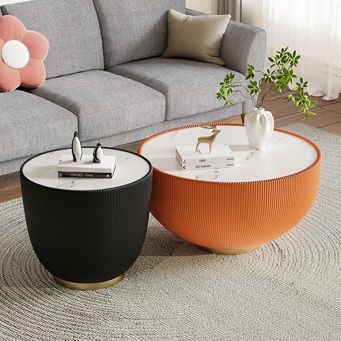 Round Coffee Table Set of 2, 2 Piece Luxury Cup Shape Leather End Tables Living Room Sets, Modern Circle Bedroom Side Tables Set of 2 with PU Leather Sofa Sets for Living Room Bedroom
