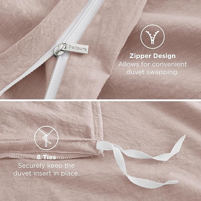 Bedsure 100% Washed Cotton Duvet Cover King Size - Petal Pink Minimalist Cotton Duvet Cover Linen Like for All Seasons - GentleSoft™ Plain Simple Bedding, 3 Pieces (Petal Pink, King, 104"x90")
