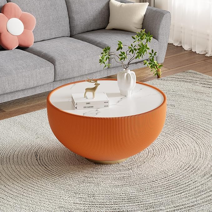 29.53" Round Coffee Table Luxury Cup Shape Leather Coffee Tables, Circle Sofa Couch Table PU Leather, Modern White Marble Top Drum Bowl Living Room Tables for Living Room Bedroom Apartment