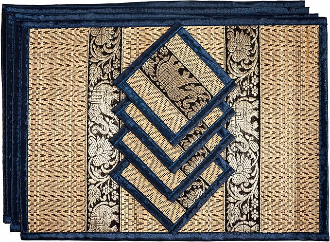 Hand-Woven Wicker Reed Placemats Coaster Set Eco-Friendly Alternative to Plastic Heat Resistant Thai Style Durable Easy to Clean for Dining Table Set of 4 (Medium, Navy Blue)