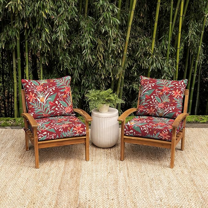 Arden earthFIBER Outdoor Deep Seat Cushion Set, 24 x 24, Rain-Proof, Fade Resistant, Deep Seat Bottom and Back Cushion for Chair, Sofa Luau Red Tropical Floral