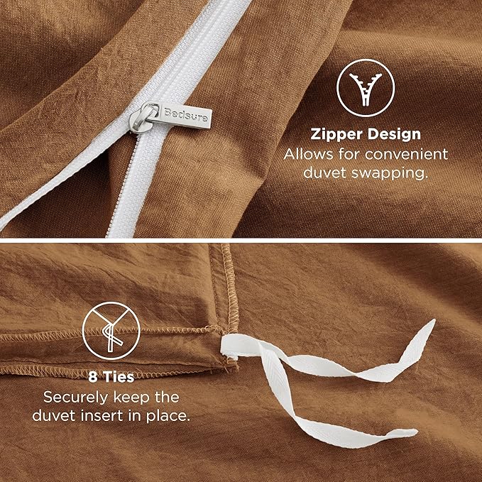 Bedsure 100% Washed Cotton Duvet Cover King Size - Brown Minimalist Cotton Duvet Cover Linen Like for All Seasons - GentleSoft™ Plain Simple Bedding, 3 Pieces (Brown, King, 104"x90")