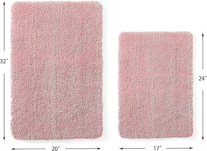 YHF Bathroom Rug Set 2 Piece, Extra Thick & Soft Microfiber Shaggy, Machine Washable Bath Mats, Absorbent Bath Rugs, Non-Slip Rubber Backing Bath Mat for Bathroom Floor, Tub and Shower, Pink