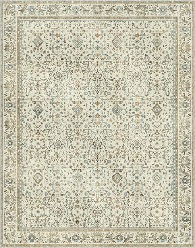 GENIMO Washable Area Rugs for Living Room Bedroom, 5x7 Boho Vintage Non Slip Rug, Low Pile Soft Floral Indoor Floor Carpet Cover for Dining Room Kitchen, Retro Yellow
