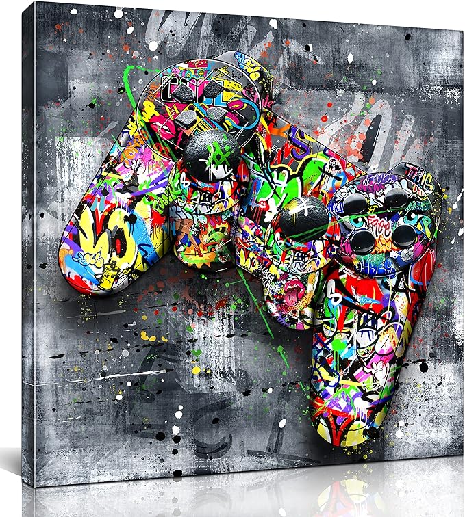 JKWALL77 Graffiti Canvas Wall-Art For Bedroom - Gaming Wall Art For Teen Boys - Abstract Painting Pop Art Modern Home Wall Decor Ready to Hang Size 14" x 14"