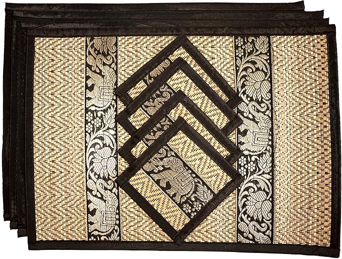 Hand-Woven Wicker Reed Placemats Coaster Set Eco-Friendly Alternative to Plastic Heat Resistant Thai Style Durable Easy to Clean for Dining Table Set of 4 (Medium, Black)