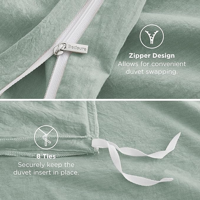 Bedsure 100% Washed Cotton Duvet Cover King Size - Sage Green Minimalist Cotton Duvet Cover Linen Like for All Seasons - GentleSoft™ Plain Simple Bedding, 3 Pieces (Sage Green, King, 104"x90")