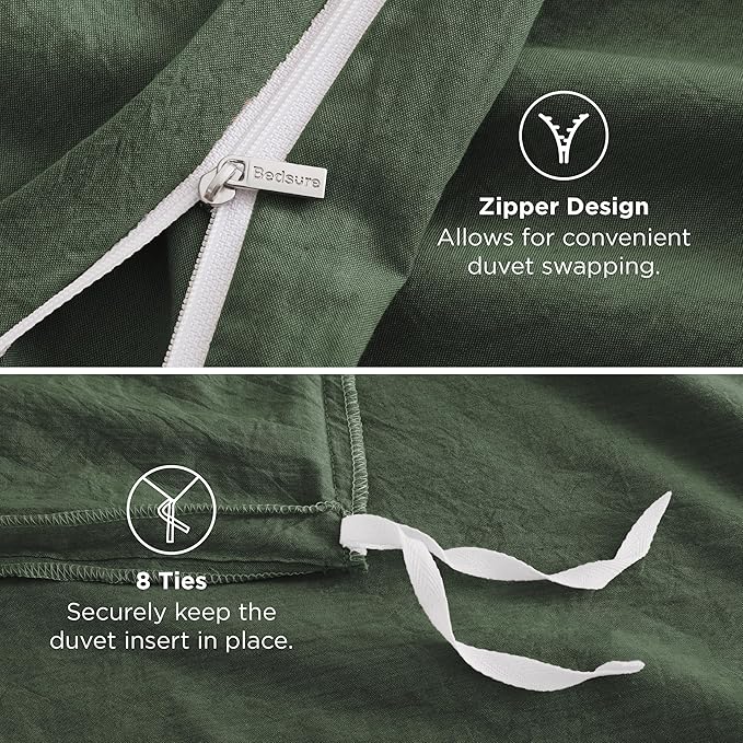 Bedsure 100% Washed Cotton Duvet Cover Oversized King - Olive Green Minimalist Duvet Cover Linen Like - GentleSoft™ Plain Simple Bedding, 3 Pieces (Olive Green, Oversized King, 120"x98")