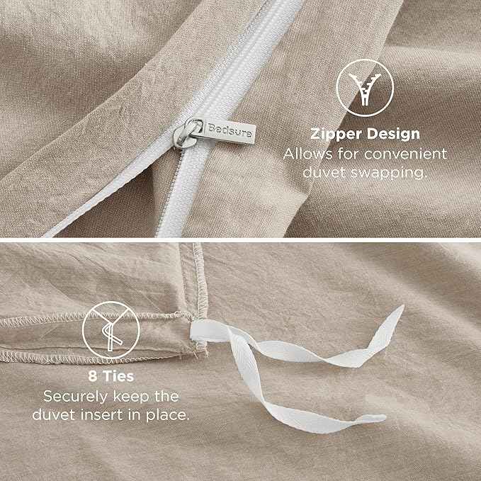 Bedsure 100% Washed Cotton Duvet Cover King Size - Greige Minimalist Cotton Duvet Cover Linen Like for All Seasons - GentleSoft™ Plain Simple Bedding, 3 Pieces (Greige, King, 104"x90")