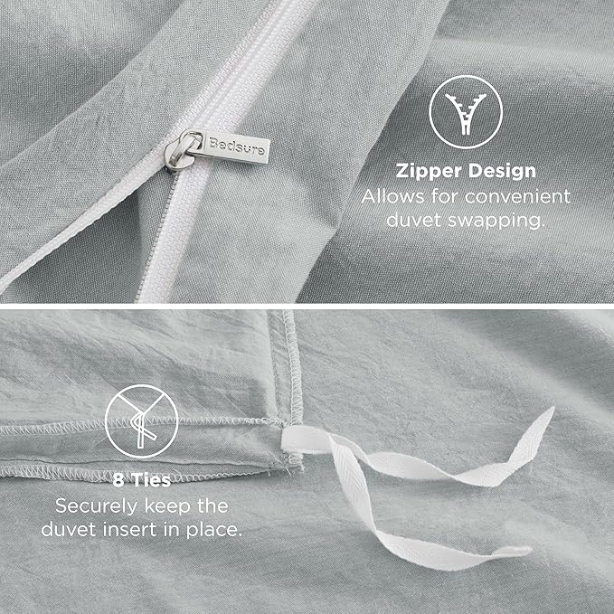 Bedsure 100% Washed Cotton Duvet Cover King Size - Mist Blue Minimalist Cotton Duvet Cover Linen Like for All Seasons - GentleSoft™ Plain Simple Bedding, 3 Pieces (Mist Blue, King, 104"x90")