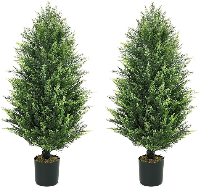 CAPHAUS 3 FT Artificial Cedar Tree Set of 2-36 Inch UV Resistant Faux Topiary Trees with Dried Moss for Indoor/Outdoor | Porch, Patio & Garden Decor