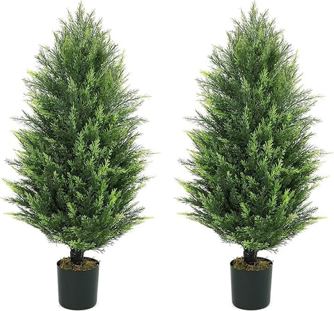 CAPHAUS 3 FT Artificial Cedar Tree Set of 2-36 Inch UV Resistant Faux Topiary Trees with Dried Moss for Indoor/Outdoor | Porch, Patio & Garden Decor